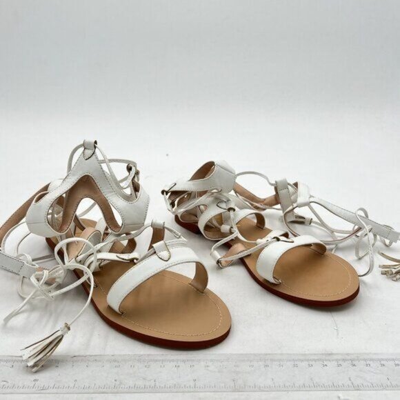 YDN White Sexy Knee High Lace up Flats Fringe Low Heel Gladiator Strap Sandals - Picture 4 of 8